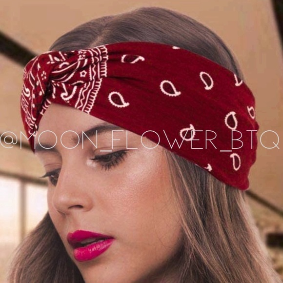 Burgundy Bandana Print Headband | Twist Knot Wide Hair Wrap - Picture 3 of 4